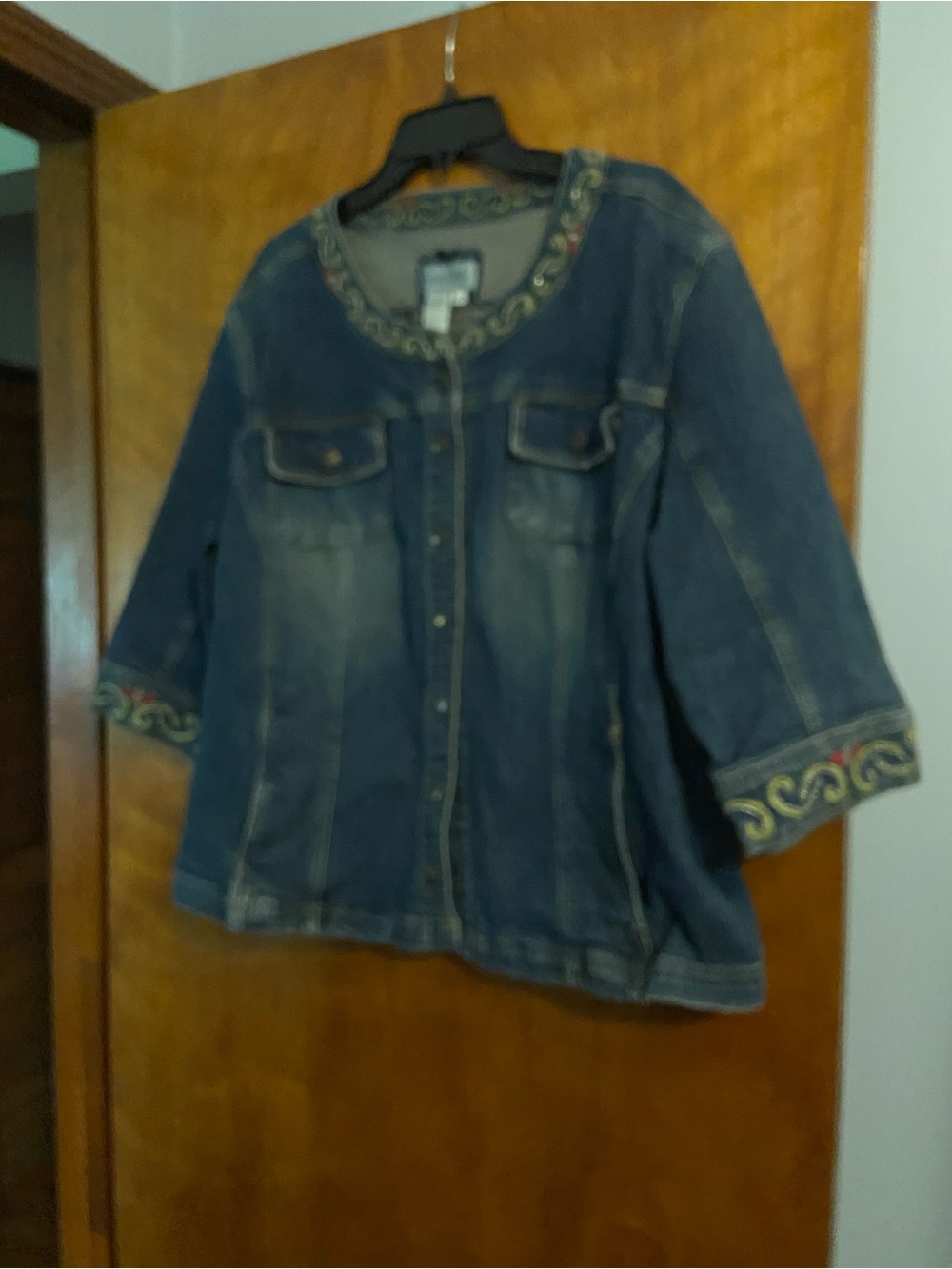 Live a Little Embroidered Blue Denim Jacket with Green and Pink Accents